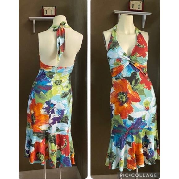 Cache Dresses & Skirts - Vintage Cache Floral Ruffle Hem Halter Dress Size 4